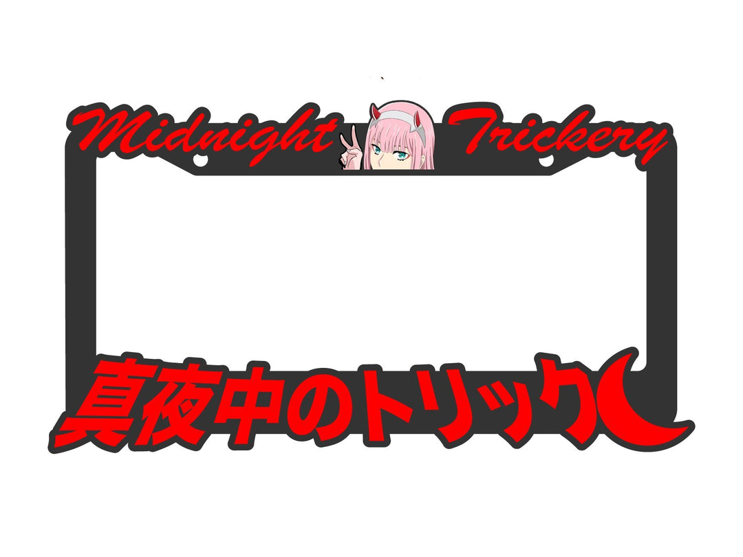 Anime license plate cover featuring character Zero Two with vibrant red lettering.