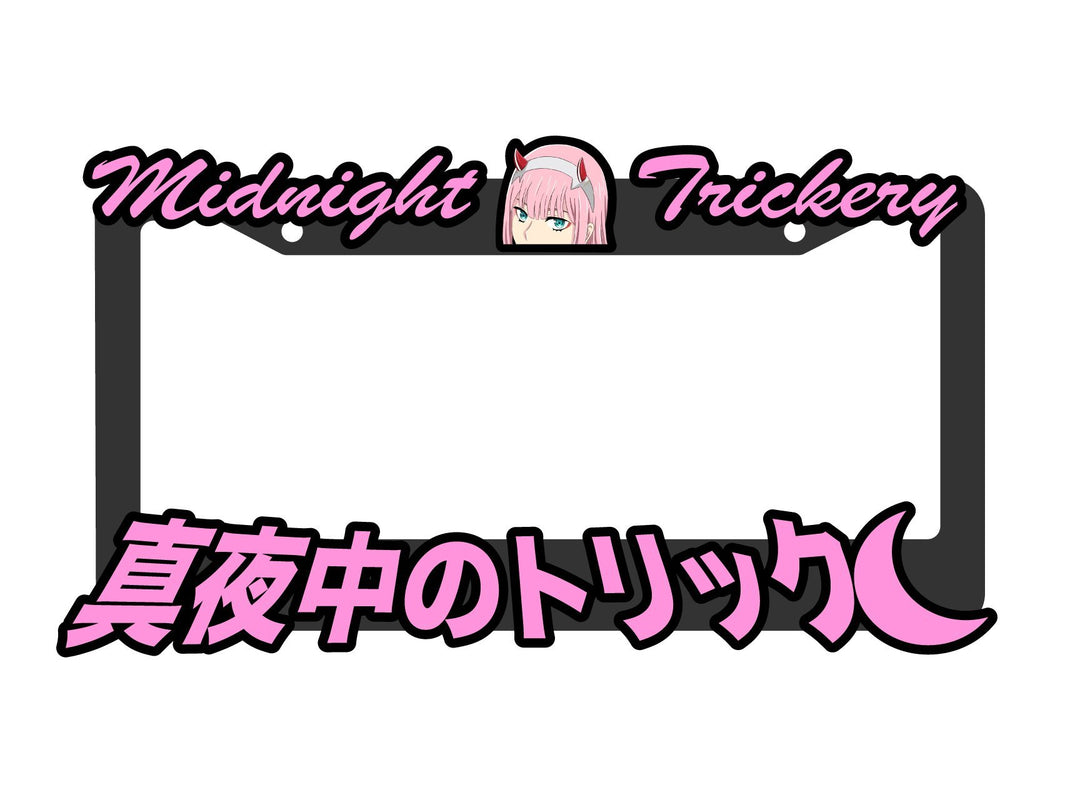 Anime license plate cover featuring character Zero Two with vibrant pink lettering.