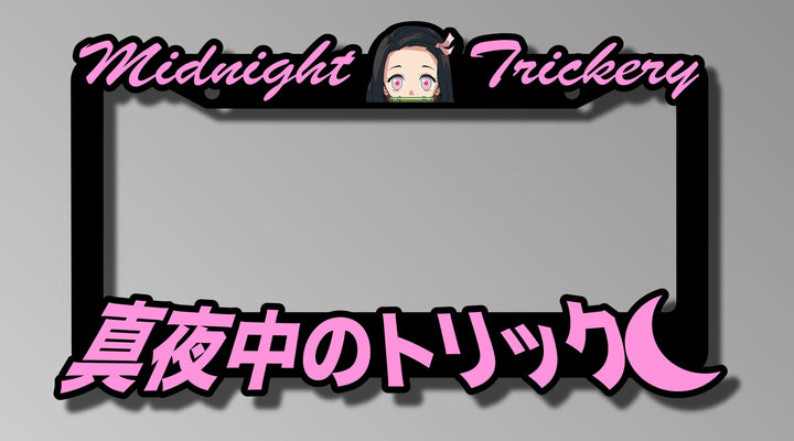 This is a Nezuko License Plate Frame with vibrant pink lettering, a must-have car accessory for Demon Slayer fans.