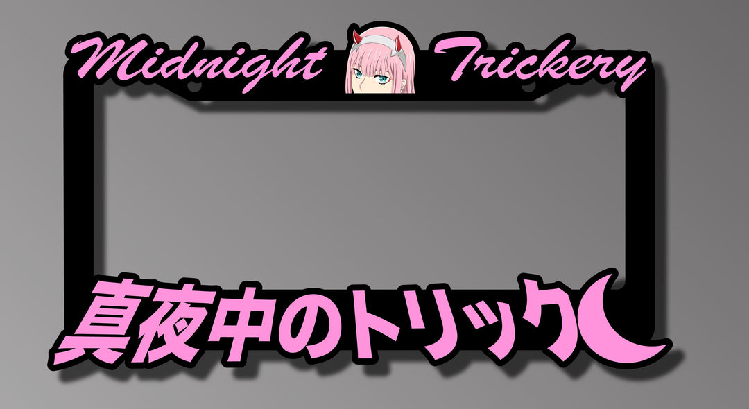 Anime license plate cover featuring character Zero Two with vibrant pink lettering.